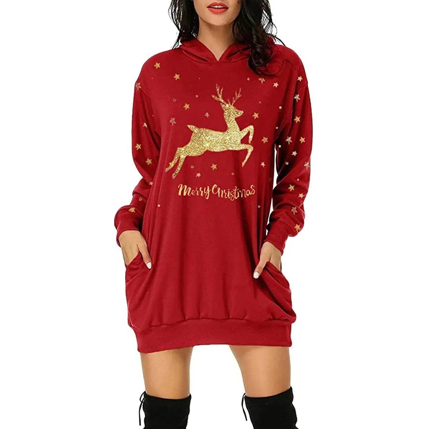 Christmas hot sale printed mid-length pocket hooded long-sleeved sweater - Velora