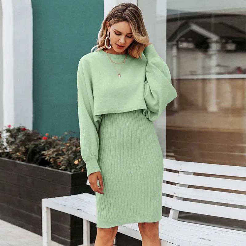 Women 2pcs Winter Outfit Cashmere dress Cropped Pullover top - Velora