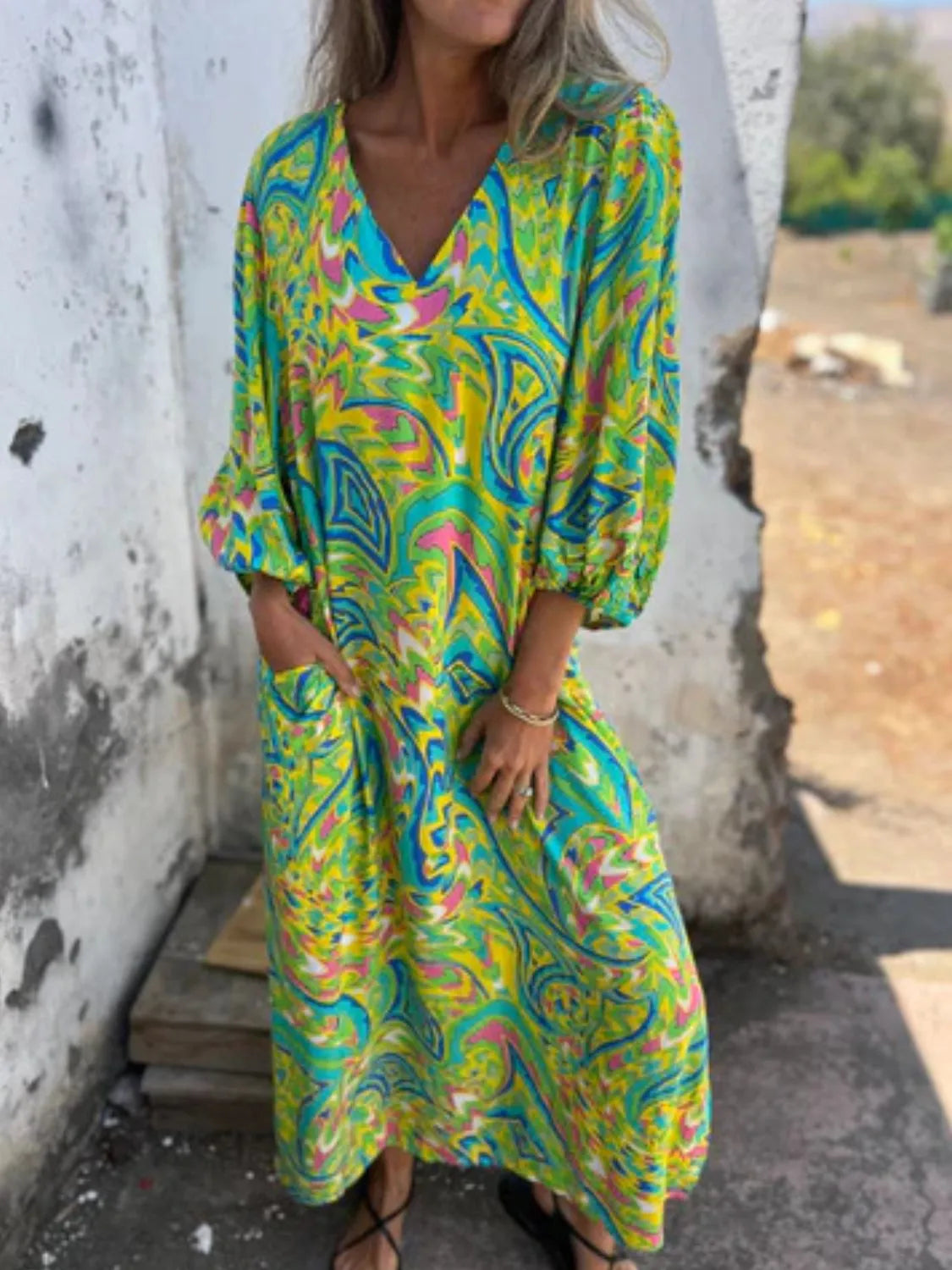 Full Size Printed V-Neck Dress with Pockets Plus Size - Velora