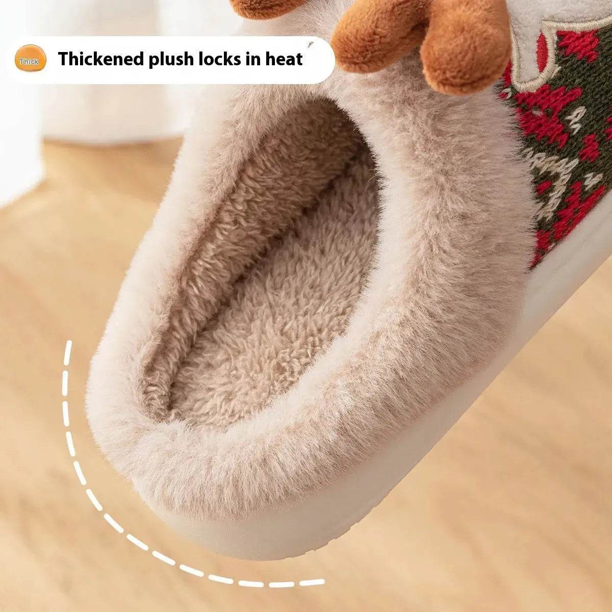 Cute Christmas Elk Plush Slippers Winter Ins Fashion Non-slip Floor Bedroom Home Slippers For Women Fuzzy House Shoes - Velora