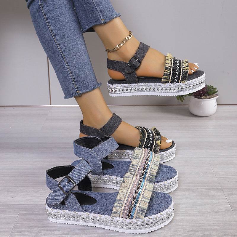 Fashion Tassel Denim Sandals With Thick-soled Flat Heel New Summer Hemp Rope Sole Ethnic Style Shoes For Women - Velora