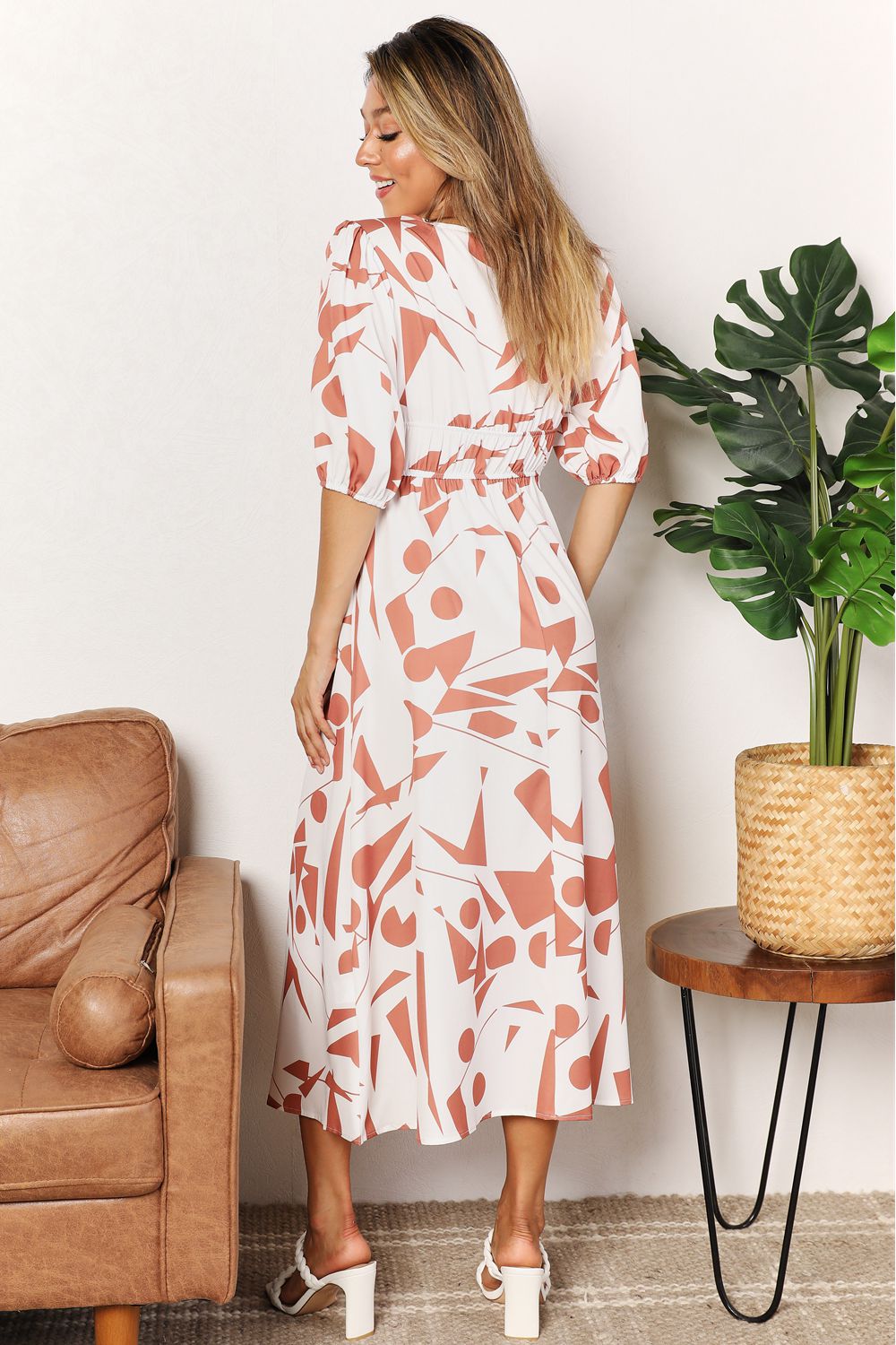 Printed Surplice Balloon Sleeve Dress - Velora