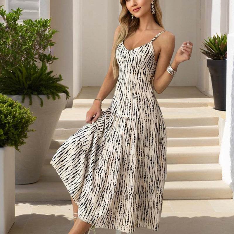 Women's Striped V-Neck Backless Tie Strap Beach Dress - Sexy Elegant Summer Maxi Dress - Velora