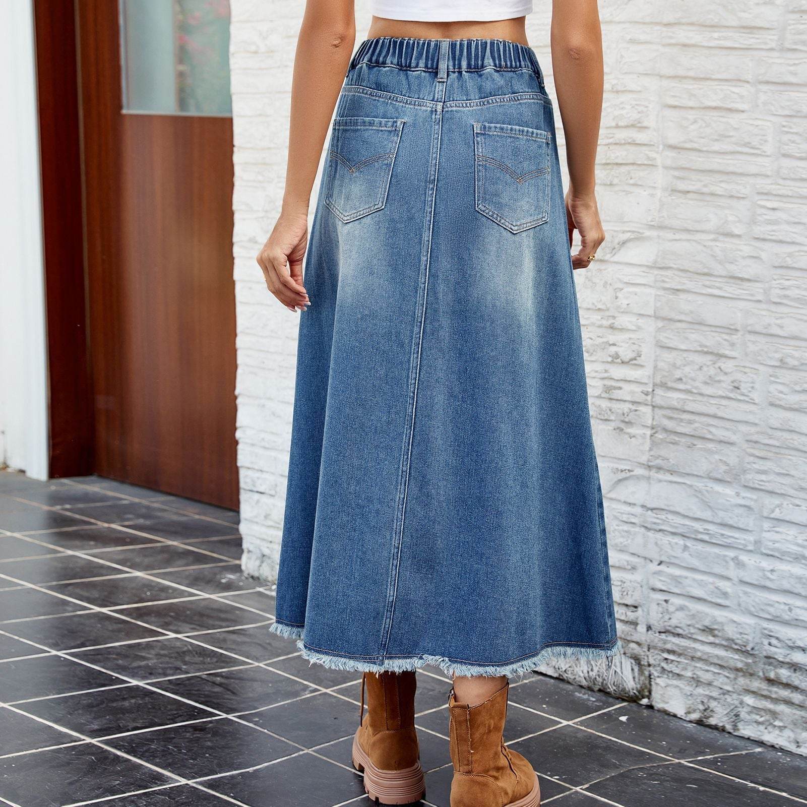 European And American Washed Frayed Hem Blue Denim Midi Skirt - Velora