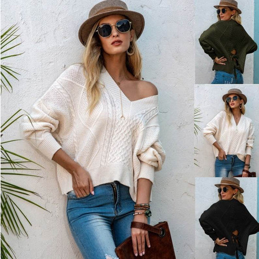 Fall Winter New Lapel Pullover Sweater With Back Straps - Velora