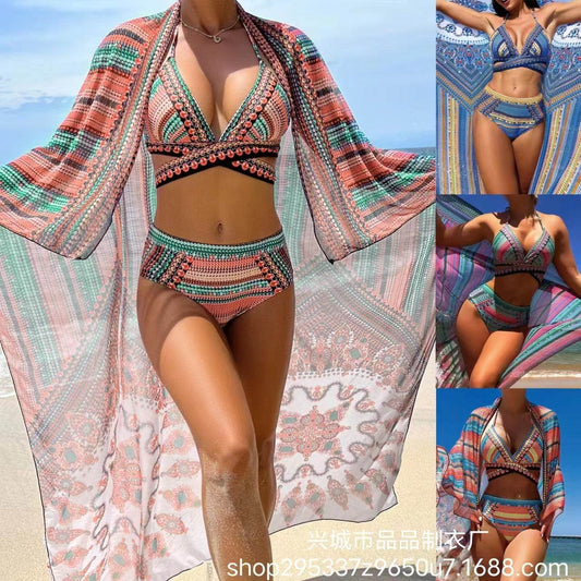 Women's Split Cross Strap Retro Ethnic Style Swimsuit - Velora