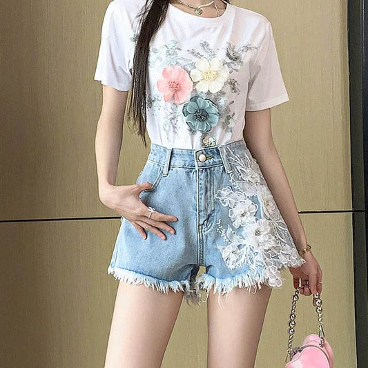 Exquisite Embroidered Flowers Denim Shorts For Women - Velora