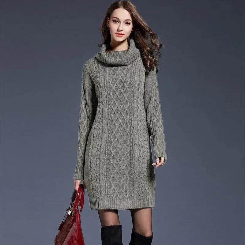 New Autumn Winter Solid Knitted Oversized Mini Turtleneck Sweater Dress - Velora