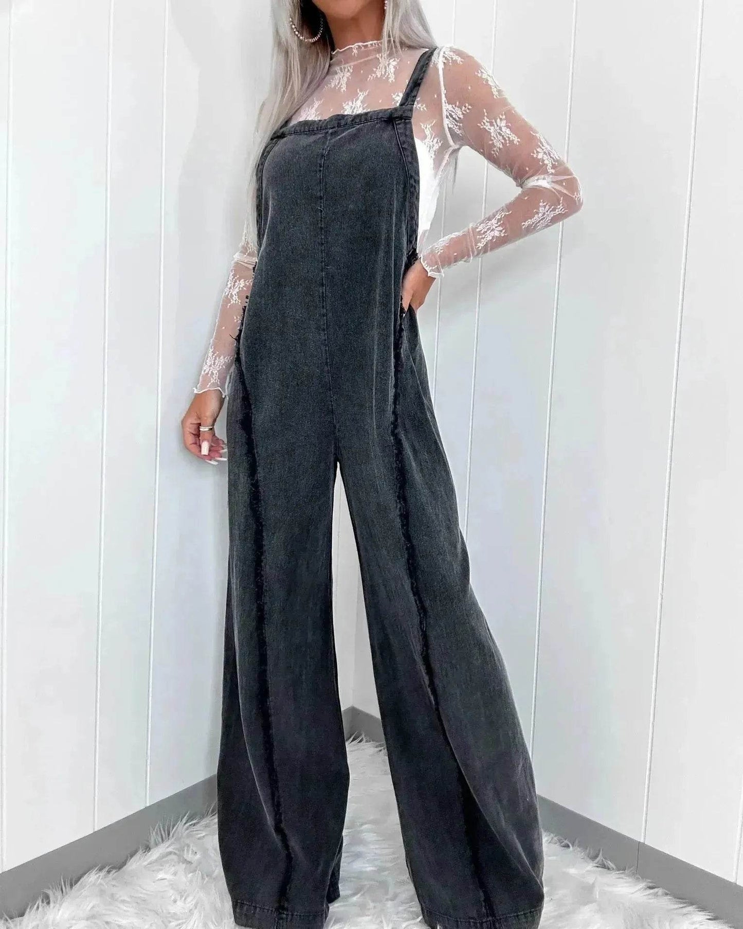 Retro Washed Raw Edge Denim Wide-leg Suspender Denim Jumpsuit Baggy Denim Jeans Jumper - Velora