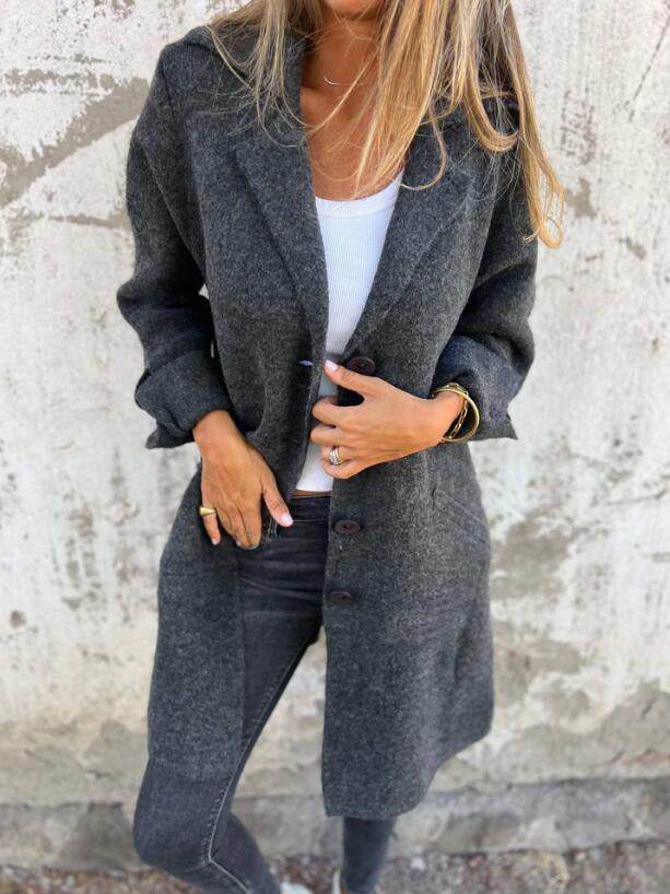 Lapel Single Breasted Cardigan With Pockets Fashion Color Solid Mid-Length Outwear Coat Womens Clothing - Velora