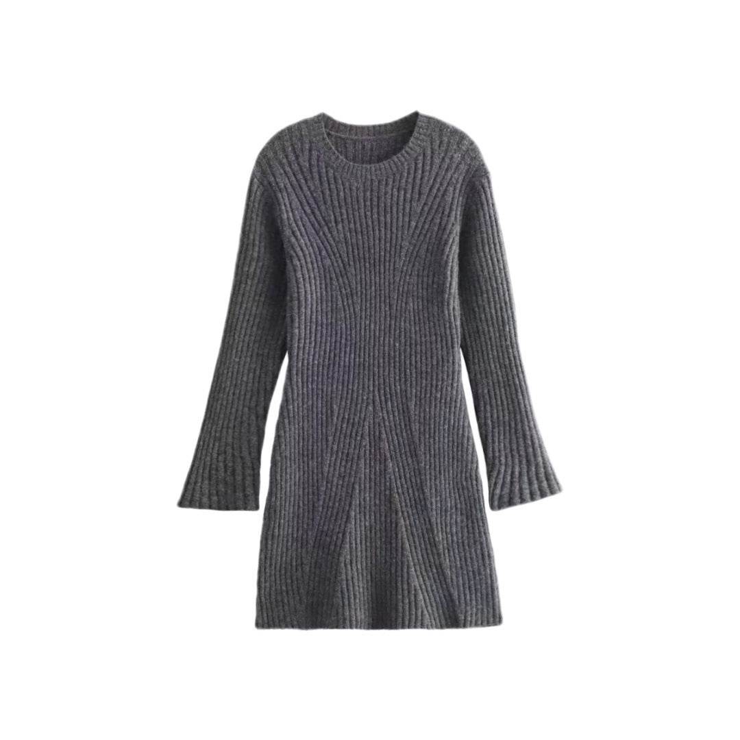 Fashion Solid Ribbed Knitted Dress Fall And Winter Slim-fit Stand-up Collar A-line Dresses Women's Clothing - Velora