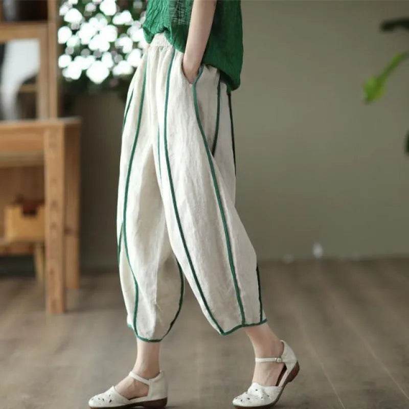 Summer Thin Striped Cotton And Linen Cropped trouser Pants For Women - Velora