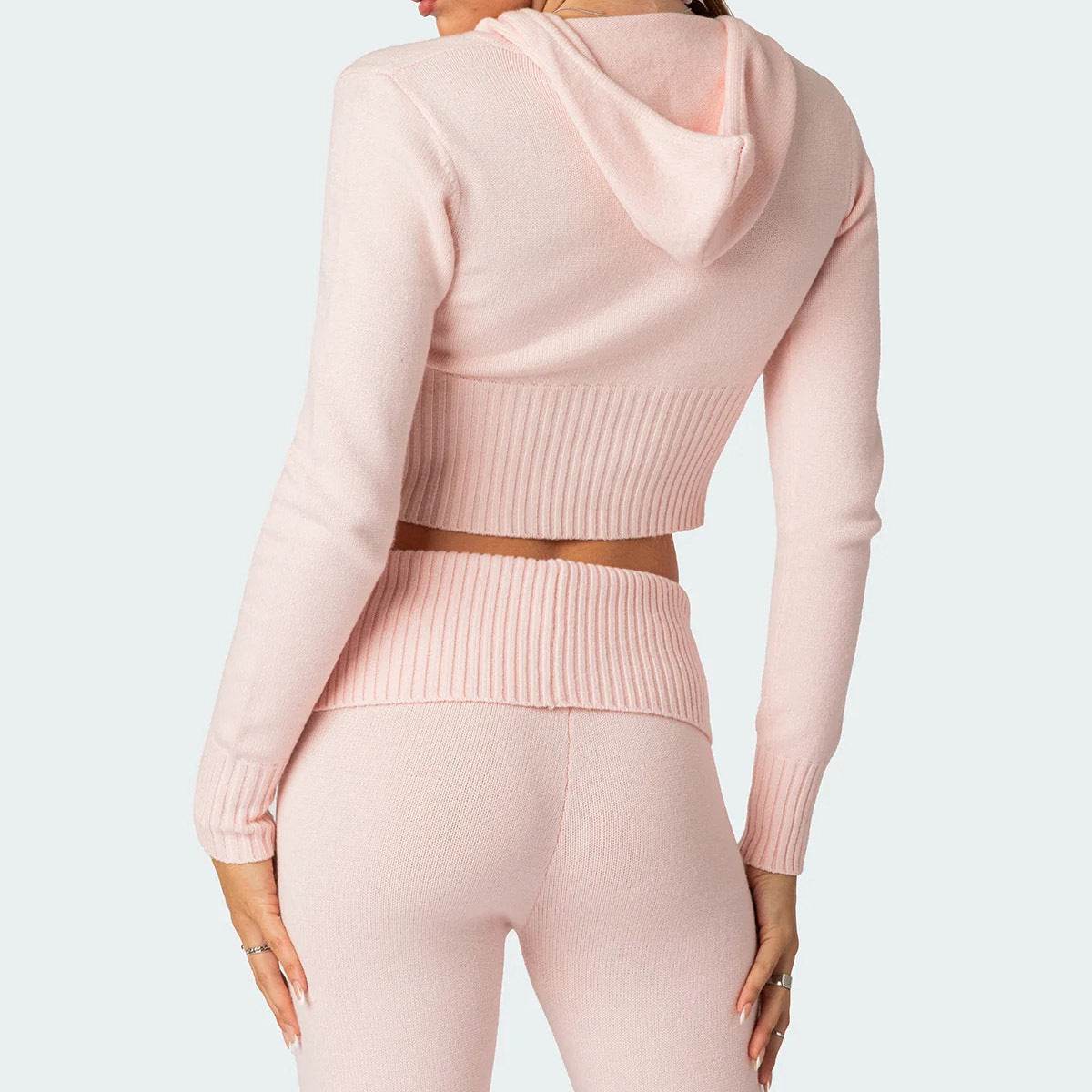 Fashion Knitted Hooded Suit Long Sleeve Zipper Cropped Top And Slim Flared Pants Trousers Solid Outfits Women's Clothing - Velora