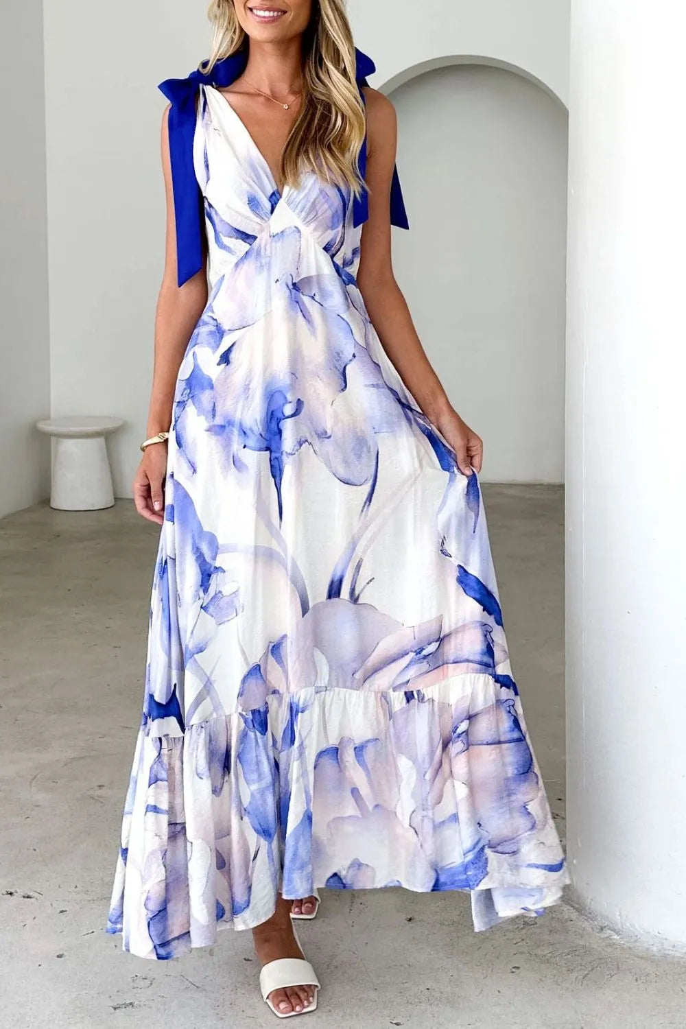 Printed V-Neck Tie Shoulder Midi Cami Dress - Velora