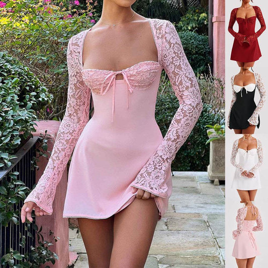 Fashion Corset Lace Long Sleeve Dress Sexy Y2K Backless Lace Up Short Dresses Womens Clothing - Velora