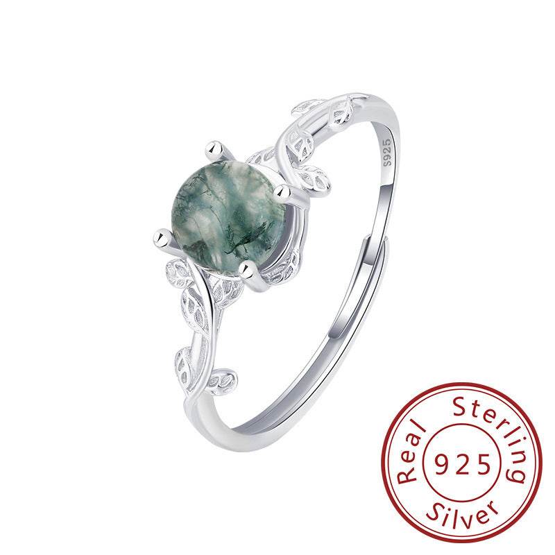 S925 Silver Green Moss Ring Water Plants Agate Stone Finger Ring - Velora