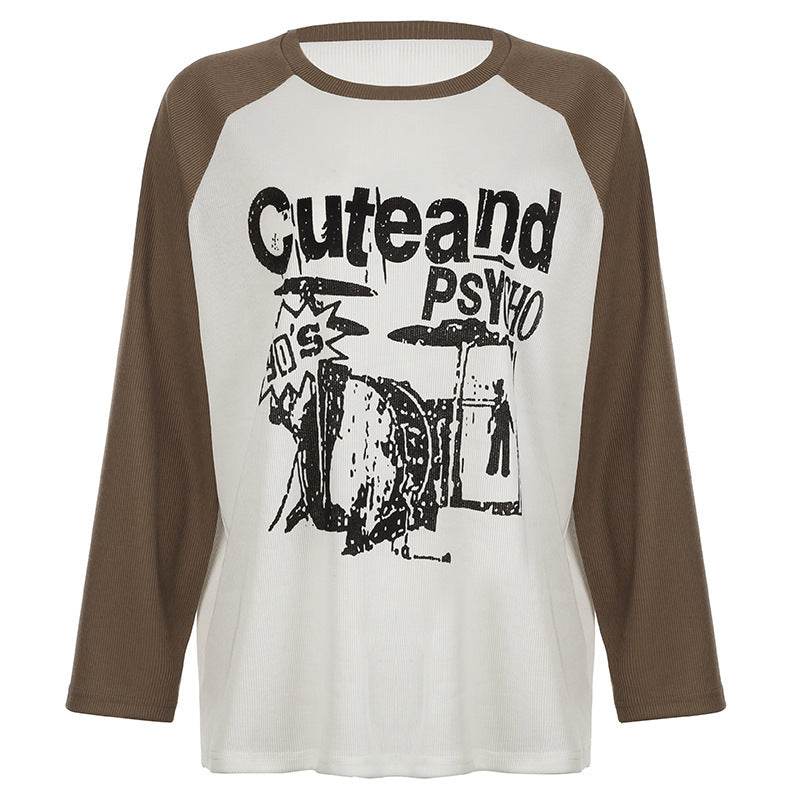 American Retro Casual Contrast Color Printed Sweater - Velora