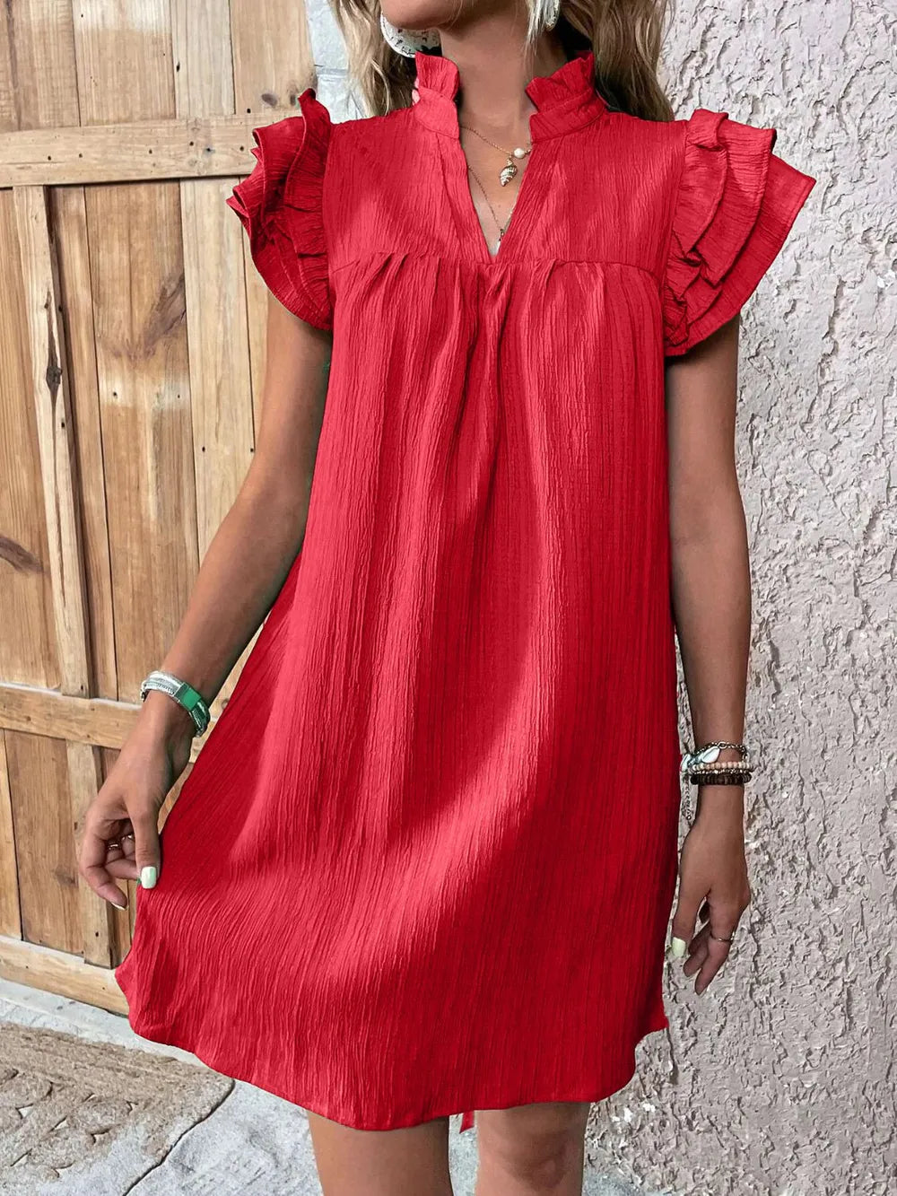 Ruffled Notched Cap Sleeve Mini Dress - Velora