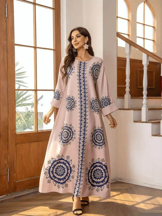 Long Women's Robe, Round Neck And Printed Dress - Velora