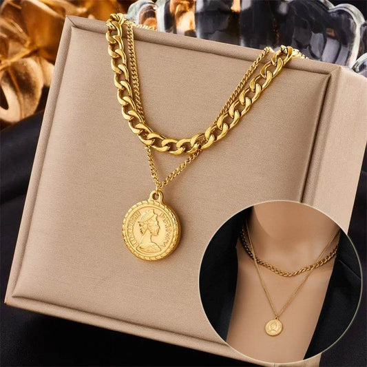 Geometric Portrait Coin Pendant Necklace For Women New Charm Multilayer Choker Chain Jewelry Gift Fashion Jewelry - Velora