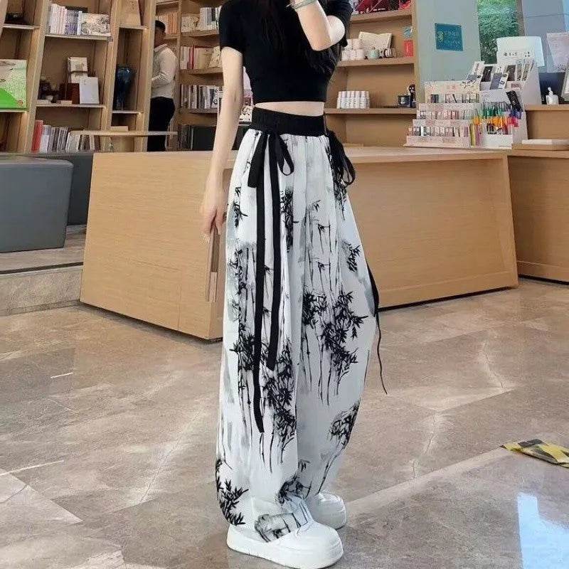 New Painting Ice Silk Wide-leg Baggy Trouser Pants Summer Women - Velora