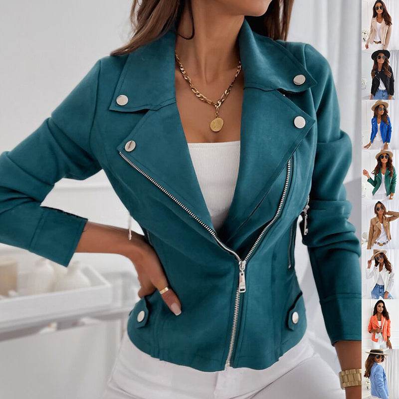 Zip-up Lapel Jacket With Pockets Ins Fashion Long Sleeve Short Tops Women's Clothing - Velora