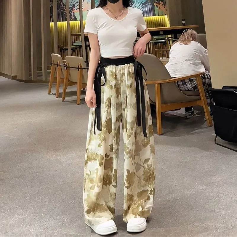 New Painting Ice Silk Wide-leg Baggy Trouser Pants Summer Women - Velora