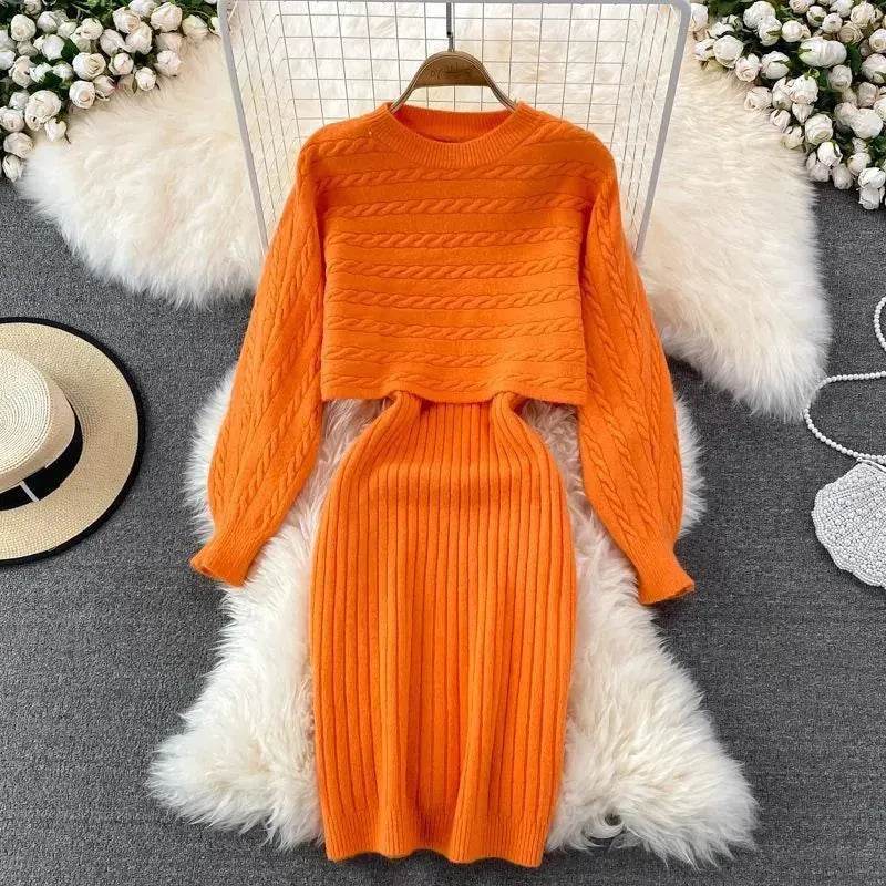 Autumn Winter Sassy Woolen Knitted Two Piece Midi Sweater Dress Outfit set - Velora