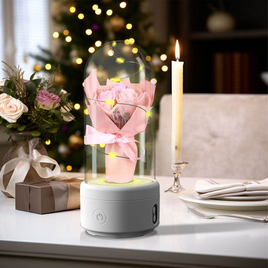 Creative 2 In 1 Bouquet LED Light And Bluetooth-compatible Speaker Mother's Day Gift Rose Luminous Night Light Ornament In Glass Cover - Velora