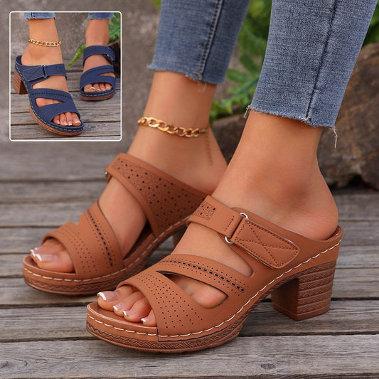 Square-heeled Peep-toe Slides Shoes Summer Casual Chunky Heel Sandals Solid Color Slippers - Velora