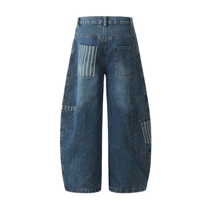 American Style Vintage Stripe Pocket Stitching Machete Baggy Jeans Pant For Men And Women - Velora