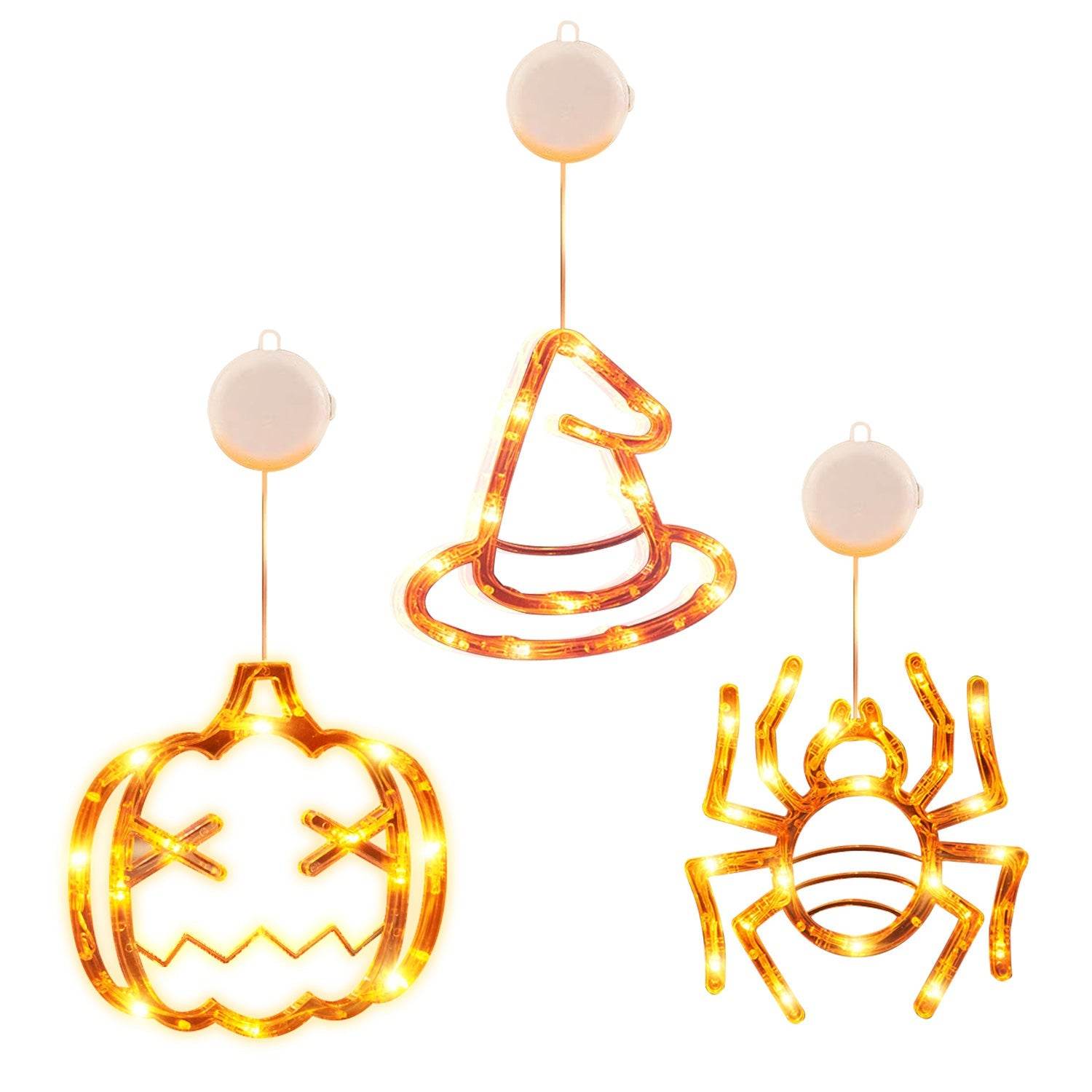 Set Of 3 Pack Halloween Window Light Spider Witch Hat Pumpkin With Orange Light Hanging Halloween Decoration Light With Suction Cup Hanging Holes - Velora