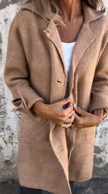 Lapel Single Breasted Cardigan With Pockets Fashion Color Solid Mid-Length Outwear Coat Womens Clothing - Velora