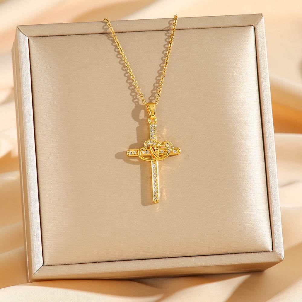 Cross Double Ring Love Heart Necklace Surrounded Zircon Pendant Necklace For Women Bohemian Jesus Pendant Gold Color Valentines Day Gift - Velora