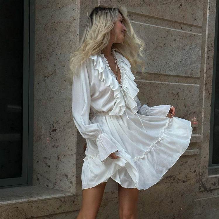 Fashion V Neck Pleated Ruffle Long Sleeve Dress Y2K V Neck Flared Sleeve Short Dress Women's Clothing - Velora