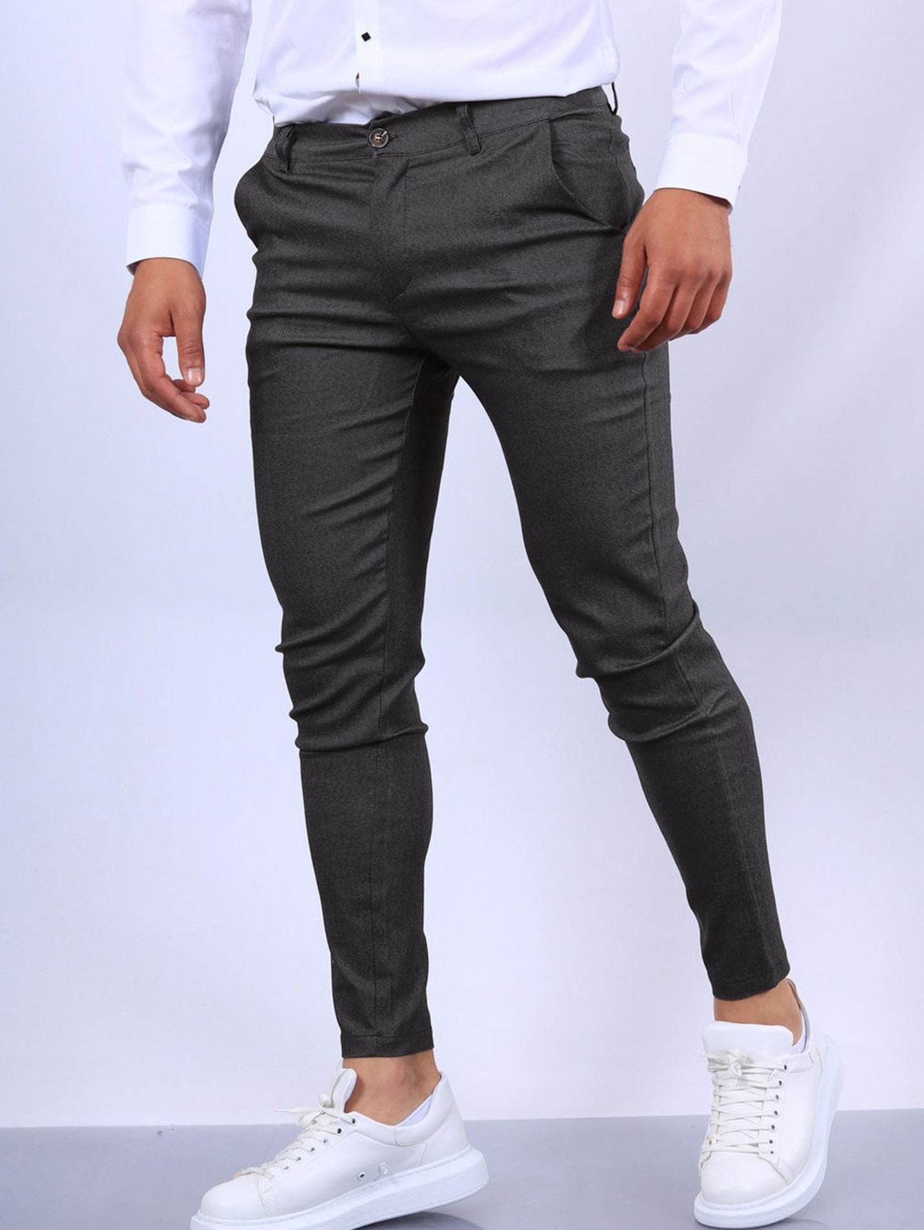 Men's Slim Button Trousers Fashion Solid Office Versatile Long Pencil Pants - Velora