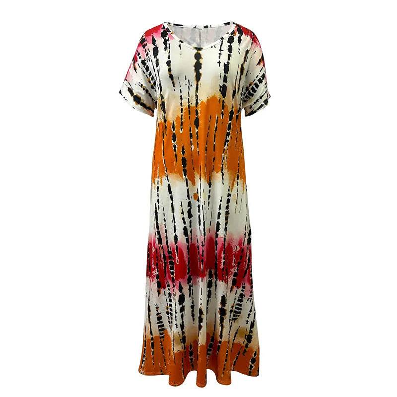 Women's Summer Tie Dye Maxi Dress Short Sleeve V Neck Casual Loose Long Split Dresses - Velora