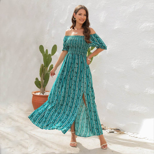 Elegant Off shoulder Spring Summer Maxi dress Slit Chiffon maxi dress for Beach vacation resort travel - Velora