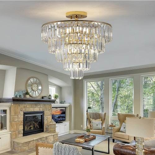 Golden Crystal Chandelier, 5-layer Round Semi-recessed Chandelier Lamp, Large Modern Luxury Chandelier, Suitable For Living Room, Dining Room, Bedroom, Corridor - Velora