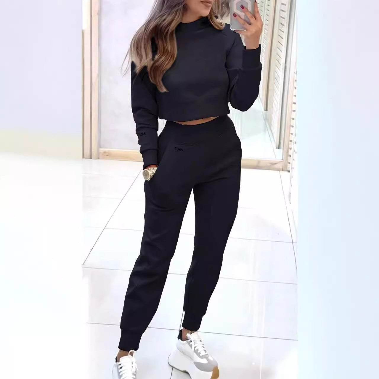 Stand Collar Sports Suit Fashion Pullover Long-sleeves Short Top And Slim Trousers With Pockets Solid Outfits Women's Clothing - Velora