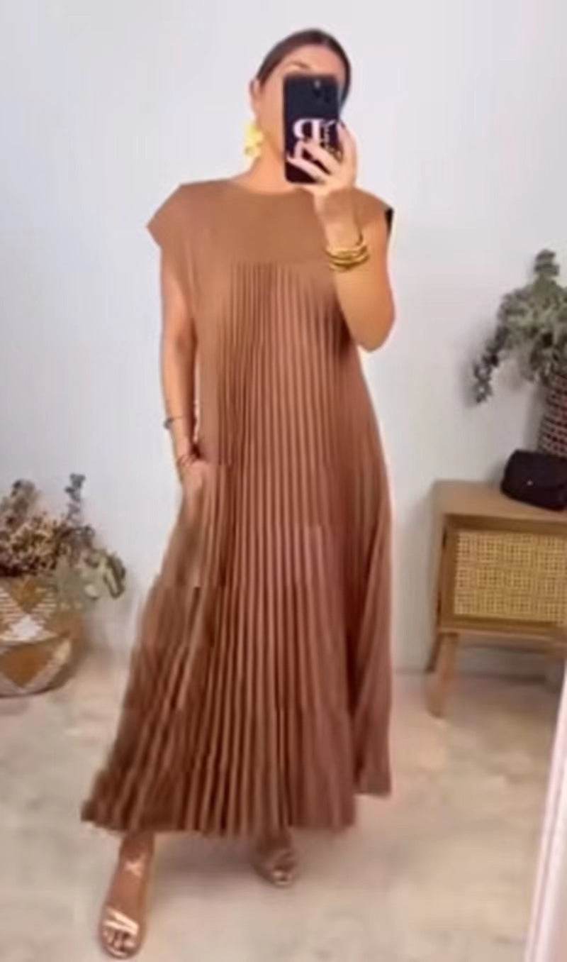 Short Sleeve Pleated Long Dress Summer Round Neck Dress Women's Clothing - Velora