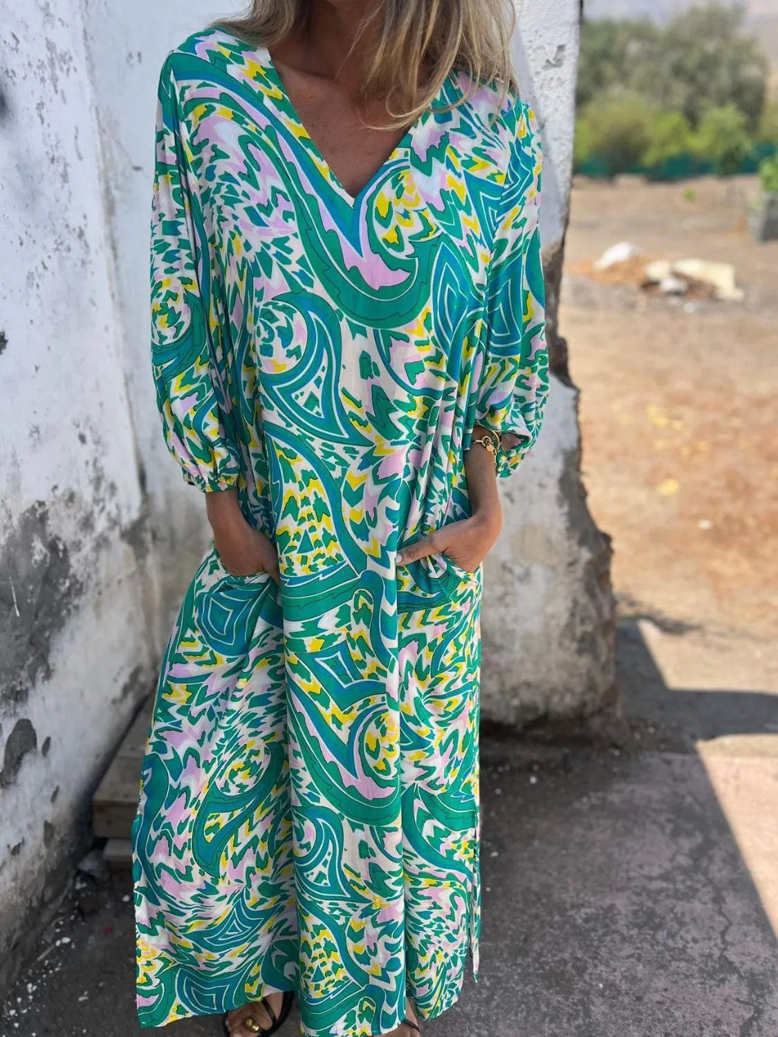 Full Size Printed V-Neck Dress with Pockets Plus Size - Velora