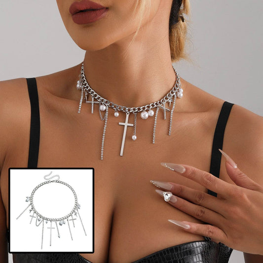 Cross Tassel Pearl Collarbone Chain Jewelry Cool Spicy Girl Necklace Fashion Jewelry - Velora