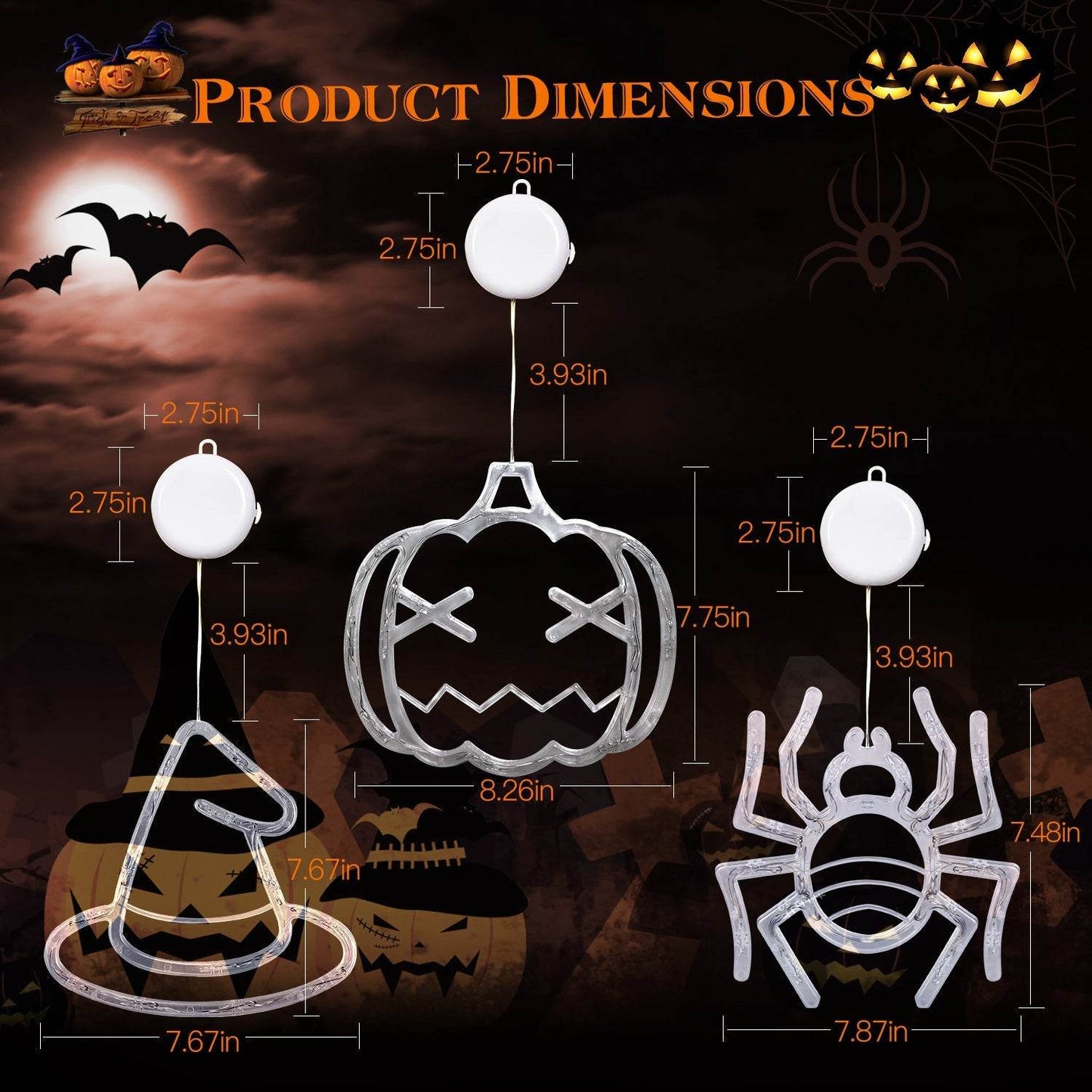 Set Of 3 Pack Halloween Window Light Spider Witch Hat Pumpkin With Orange Light Hanging Halloween Decoration Light With Suction Cup Hanging Holes - Velora