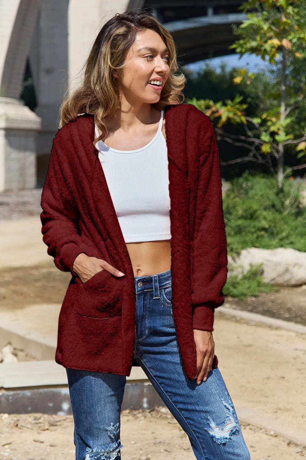 Full Size Teddy Hooded Jacket with Pockets - Velora