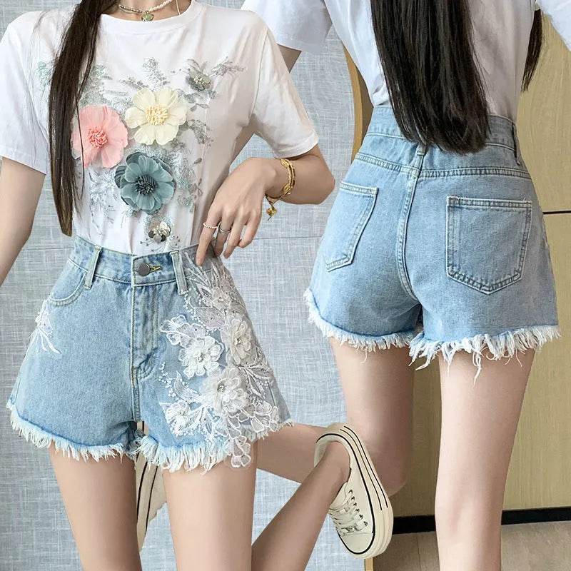 Exquisite Embroidered Flowers Denim Shorts For Women - Velora