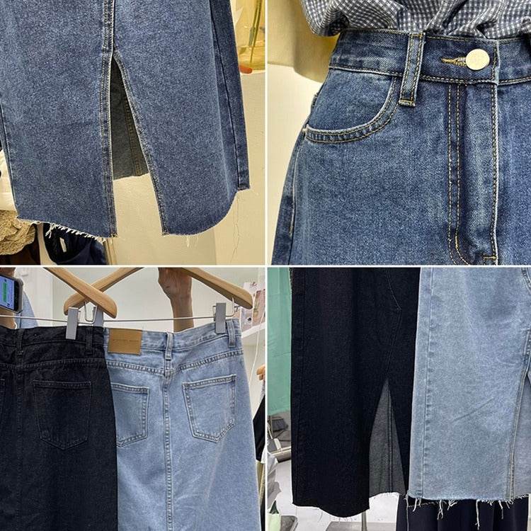 Casual Front Slit Dark Blue and Light Blue Denim Midi Skirt for women - Velora