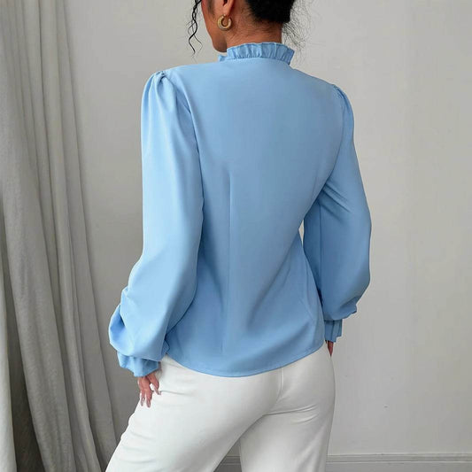 Women's Elegant French Asymmetrical Button-down Collar Ruffle Long Sleeve Blouse - Velora