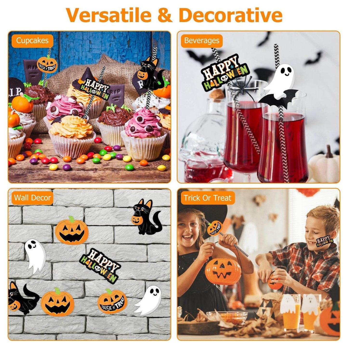 Set Of 25Pcs Halloween Party Striped Decorative Straws Disposable Drinking Straws Paper Straw Decor Happy Halloween Ghost Lantern Black Cat Halloween Party Supplies - Velora