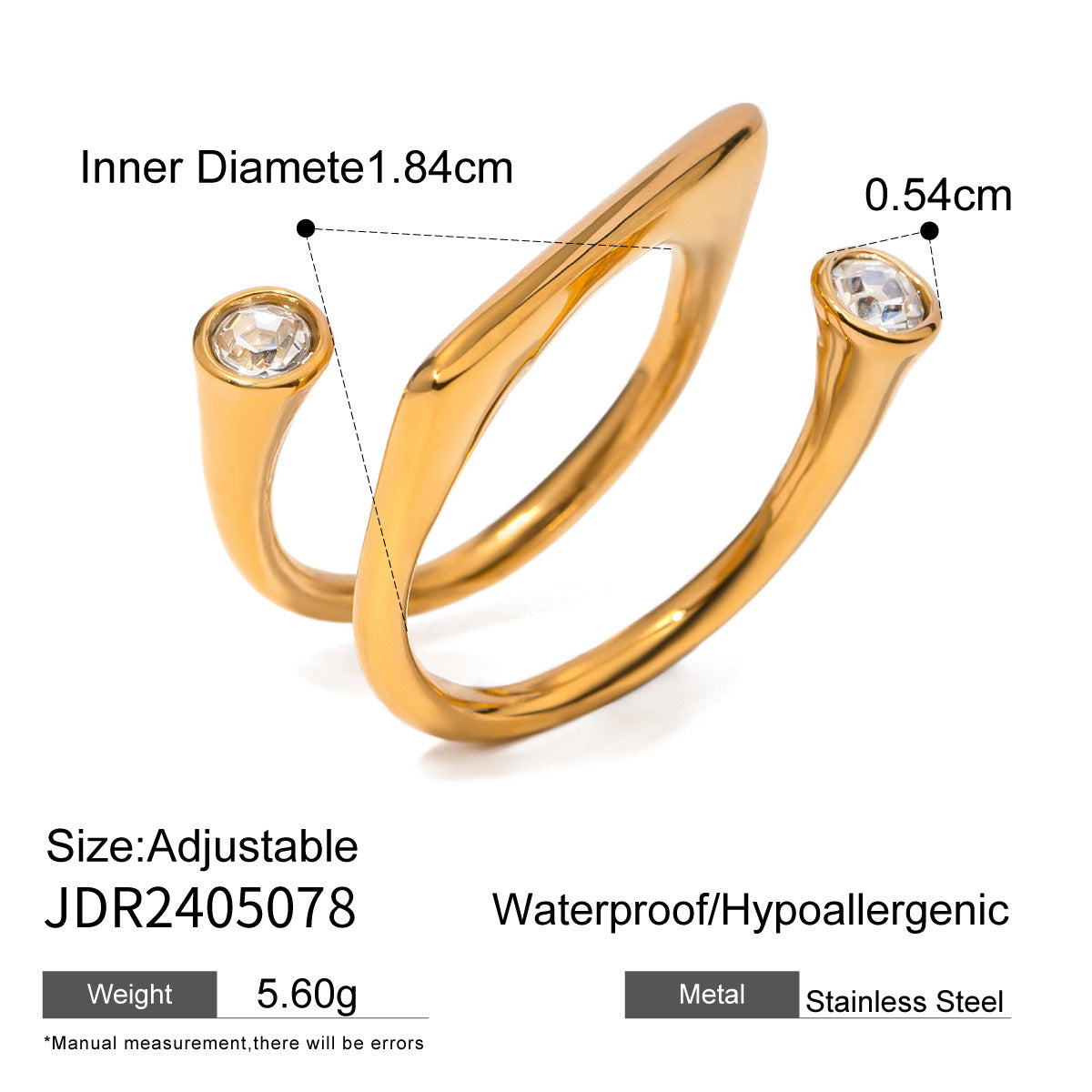 18K Gold Stainless Steel Open-end Zircon Ring High-grade Ins